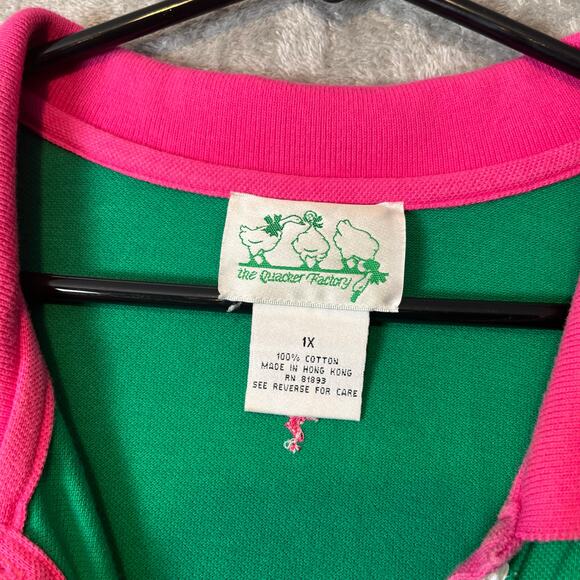 Vintage Quacker Factory Polo Green Dress Pink Flamingo Embroidered‎ Summer Sz 1X - Picture 4 of 8